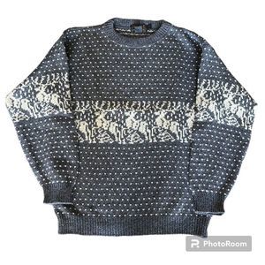 VINTAGE EDDIE BAUER GREY CHRISTMAS REINDEER WOOL SWEATER MENS LARGE